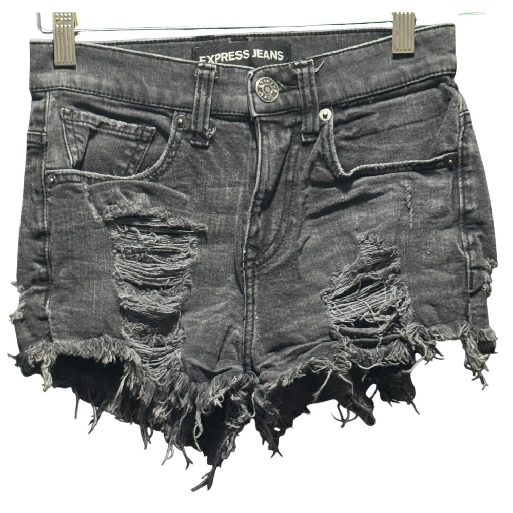 Express Jeans Womens Black Distressed High Waisted Denim Cut Off Shorts Sz 00